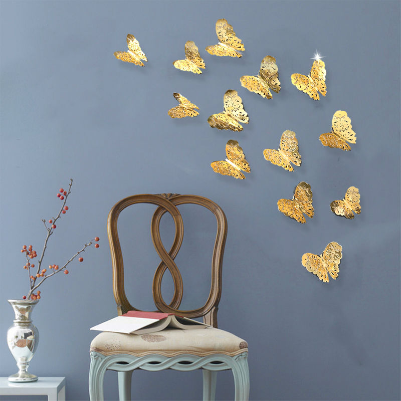 24pcs. Fashion Simple Paperboard Gold Hollow Butterfly 3D Wall Stickers Glass Bathroom Decor Wedding decoratiom